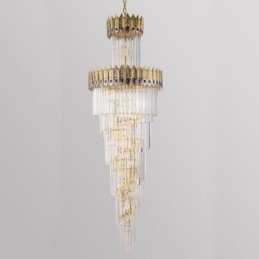 Lampada a sospensione in cristallo dorato con paralume a coda di fenice, 17 luci E12/E14