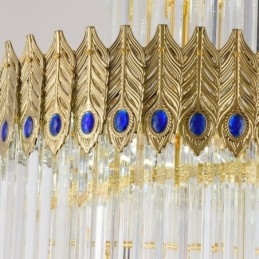 Lampada a sospensione in cristallo dorato con paralume a coda di fenice, 17 luci E12/E14