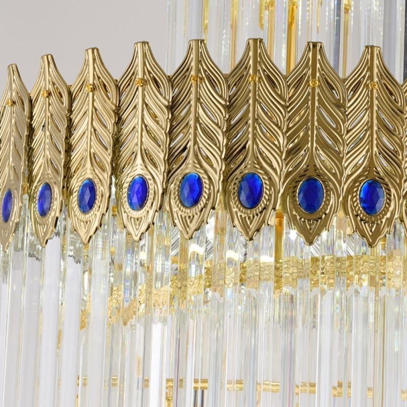 Lampada a sospensione in cristallo dorato con paralume a coda di fenice, 17 luci E12/E14
