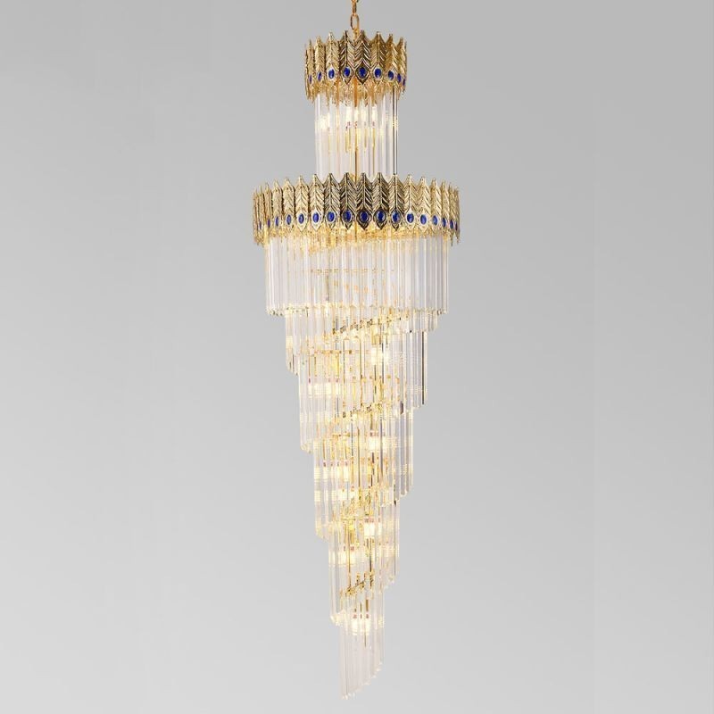 Lampada a sospensione in cristallo dorato con paralume a coda di fenice, 17 luci E12/E14