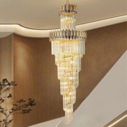 Lampada a sospensione in cristallo dorato con paralume a coda di fenice, 17 luci E12/E14