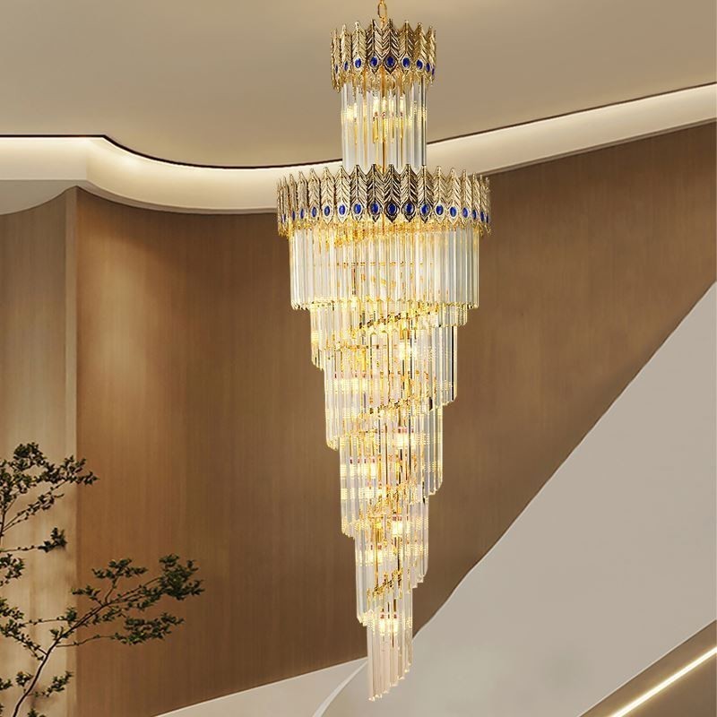 Lampada a sospensione in cristallo dorato con paralume a coda di fenice, 17 luci E12/E14