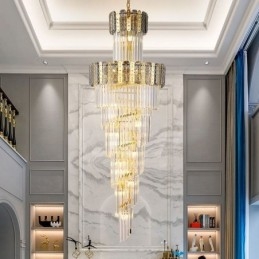 Lampada a sospensione in cristallo dorato 60x60x180 cm, 17 luci, attacco E12/E14