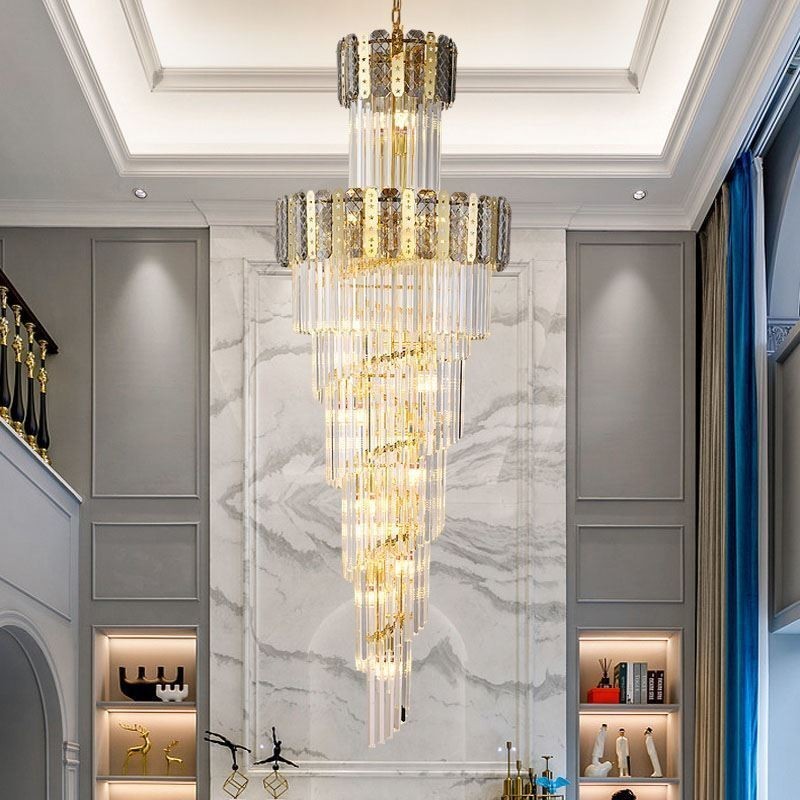 Lampada a sospensione in cristallo dorato 60x60x180 cm, 17 luci, attacco E12/E14