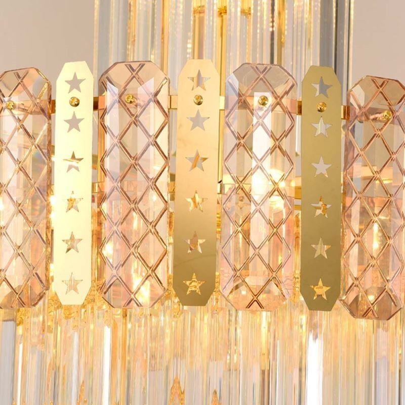 Lampada a sospensione in cristallo dorato 60x60x180 cm, 17 luci, attacco E12/E14