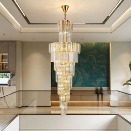 Lampada a sospensione in cristallo dorato 60x60x180 cm, 17 luci, attacco E12/E14