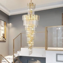 Lampada a sospensione in cristallo dorato 60x60x180 cm, 17 luci, attacco E12/E14