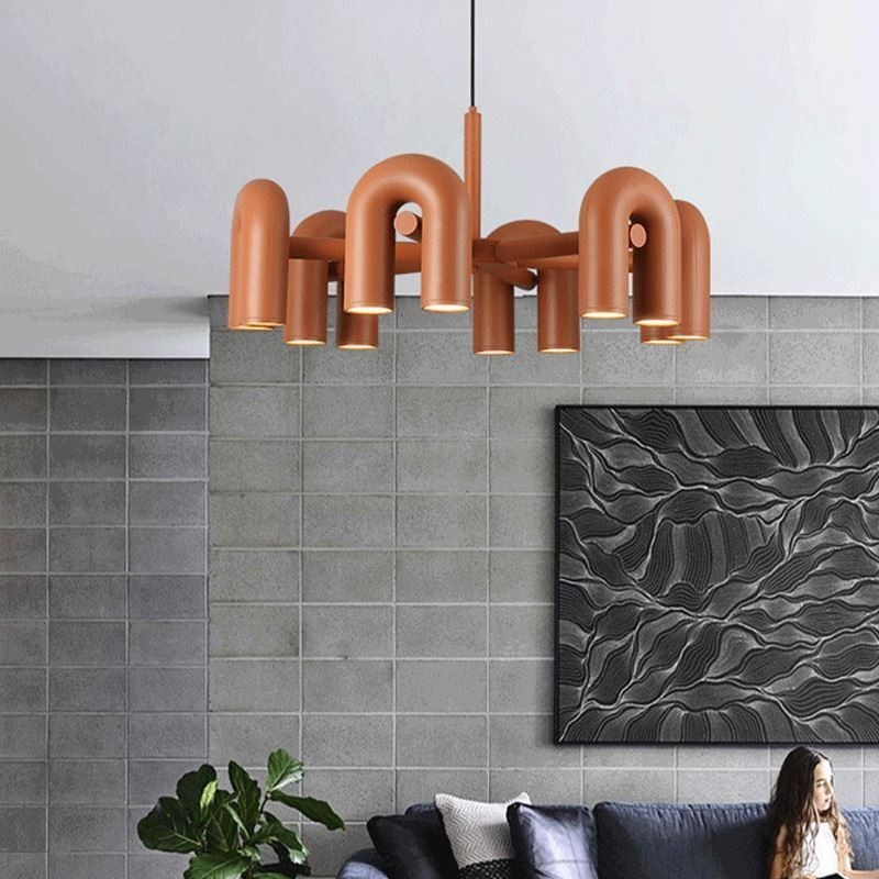 Lampada a sospensione rotonda in ferro battuto a forma di U, paralume orientabile 90°
