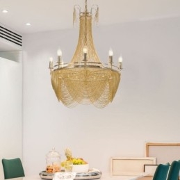 Lampada a sospensione in alluminio a catena decorativa con nappe oro/argento