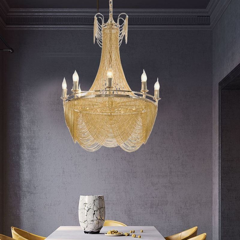 Lampada a sospensione in alluminio a catena decorativa con nappe oro/argento