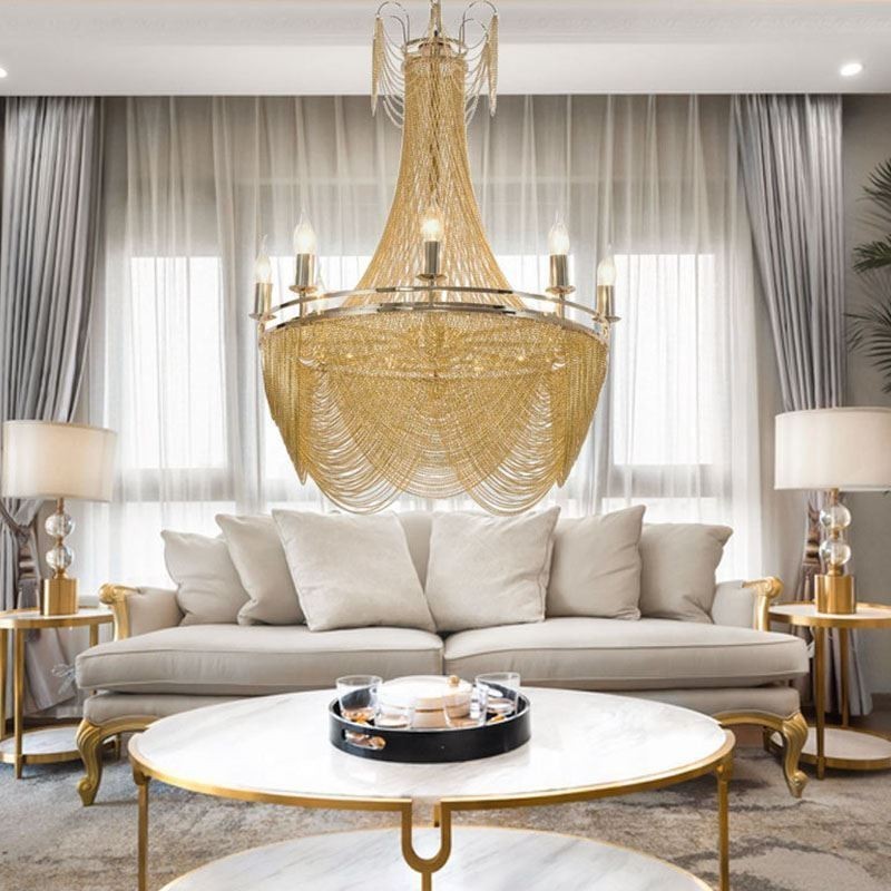 Lampada a sospensione in alluminio a catena decorativa con nappe oro/argento