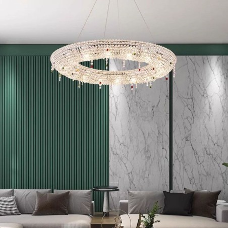 Lampada a sospensione in cristallo moderna con struttura in acciaio inox