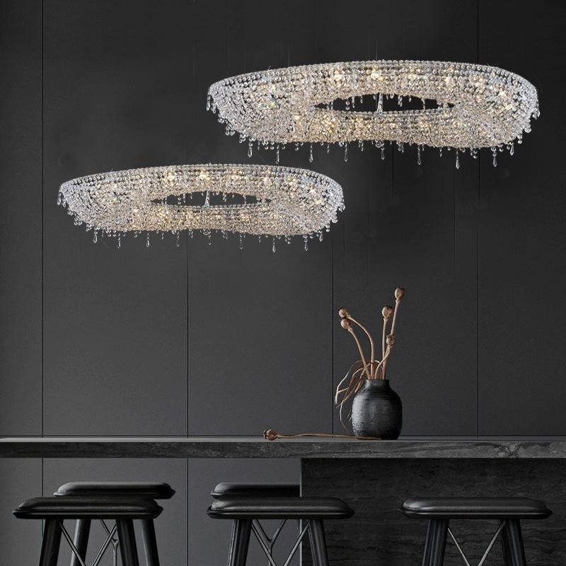 Lampada a sospensione ovale moderna in cristallo, 12 luci, 102 x 40 x 15 cm