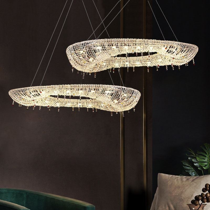 Lampada a sospensione ovale moderna in cristallo, 12 luci, 102 x 40 x 15 cm