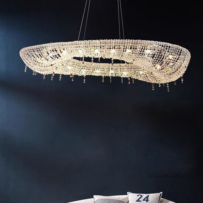 Lampada a sospensione ovale moderna in cristallo, 12 luci, 102 x 40 x 15 cm
