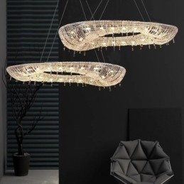 Lampada a sospensione ovale moderna in cristallo, 12 luci, 102 x 40 x 15 cm