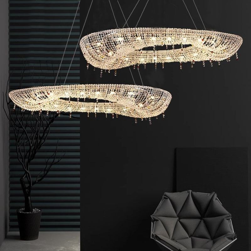 Lampada a sospensione ovale moderna in cristallo, 12 luci, 102 x 40 x 15 cm
