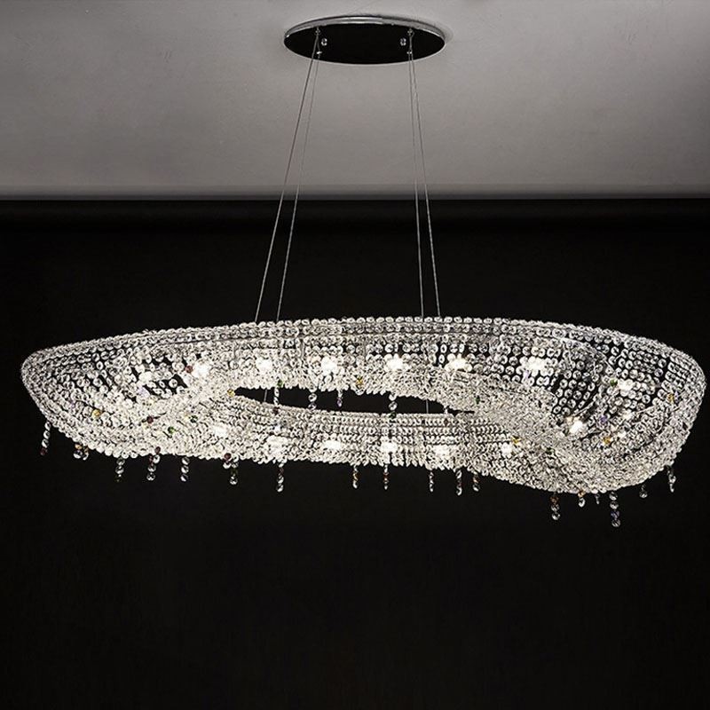 Lampada a sospensione ovale moderna in cristallo, 12 luci, 102 x 40 x 15 cm