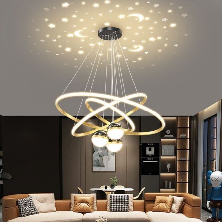 Lampada a sospensione LED in ferro battuto con tre cerchi in silicone, 6 luci