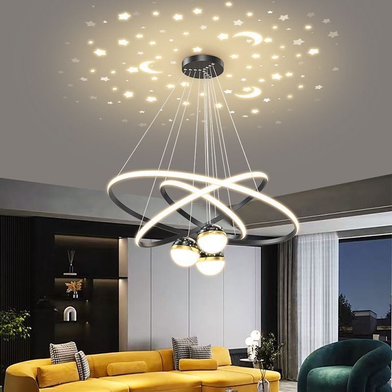 Lampada a sospensione LED in ferro battuto con tre cerchi in silicone, 6 luci