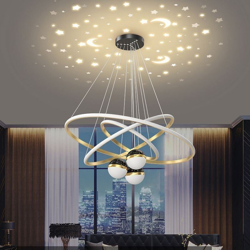 Lampada a sospensione LED in ferro battuto con tre cerchi in silicone, 6 luci