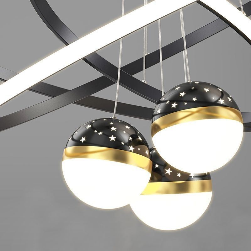 Lampada a sospensione LED in ferro battuto con tre cerchi in silicone, 6 luci