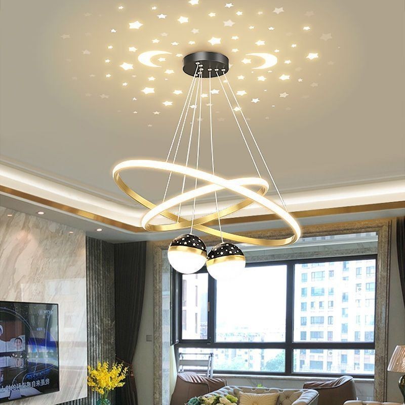 Lampada a sospensione LED moderna in ferro e silicone a doppio cerchio, 4 luci 57 W 40+60 cm