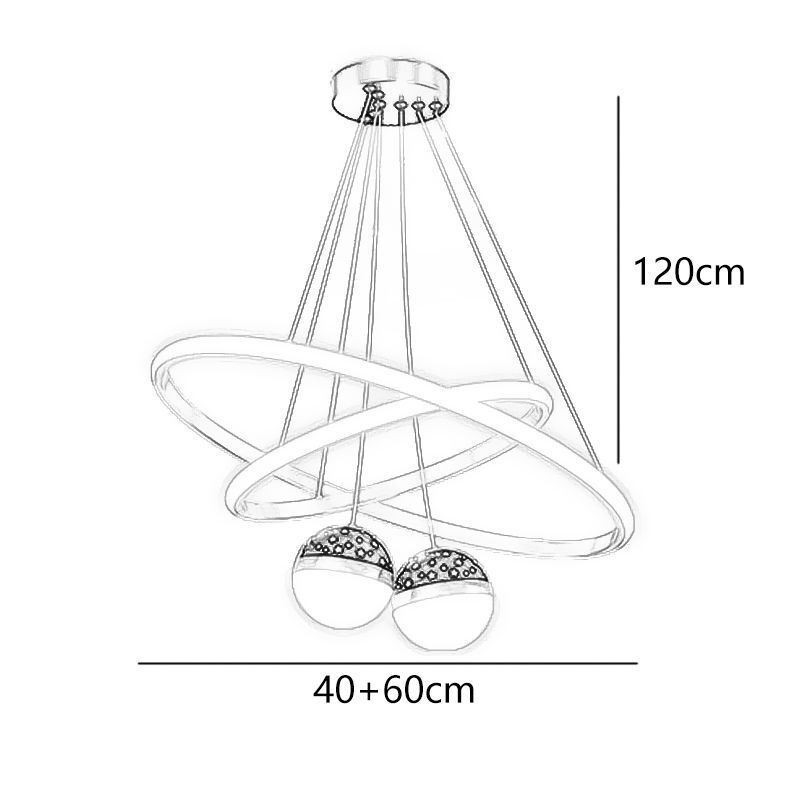 Lampada a sospensione LED moderna in ferro e silicone a doppio cerchio, 4 luci 57 W 40+60 cm