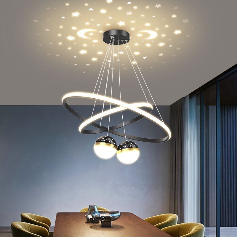 Lampada a sospensione LED moderna in ferro e silicone a doppio cerchio, 4 luci 57 W 40+60 cm