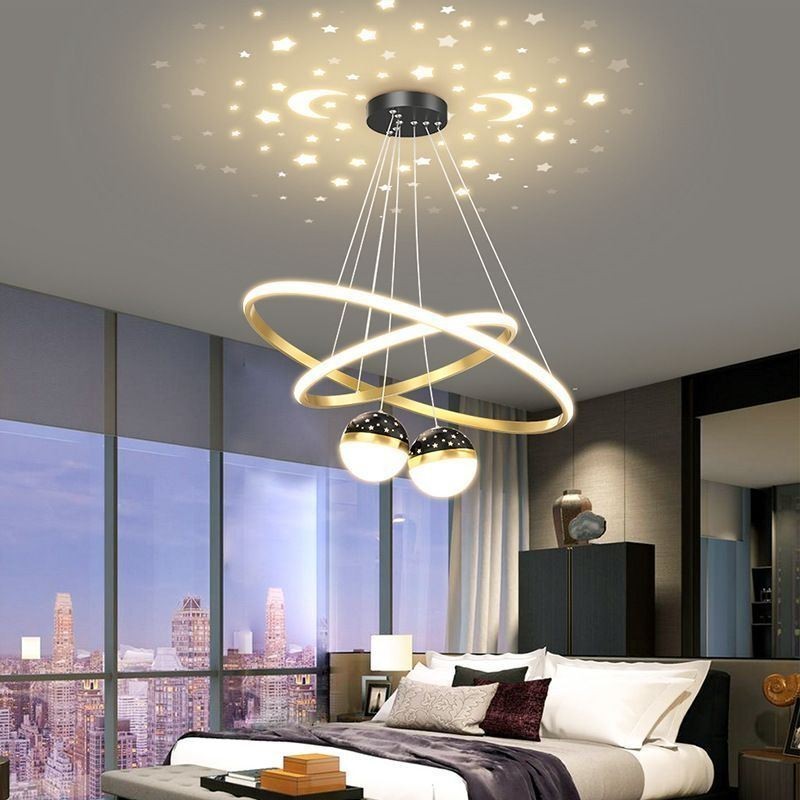 Lampada a sospensione LED moderna in ferro e silicone a doppio cerchio, 4 luci 57 W 40+60 cm