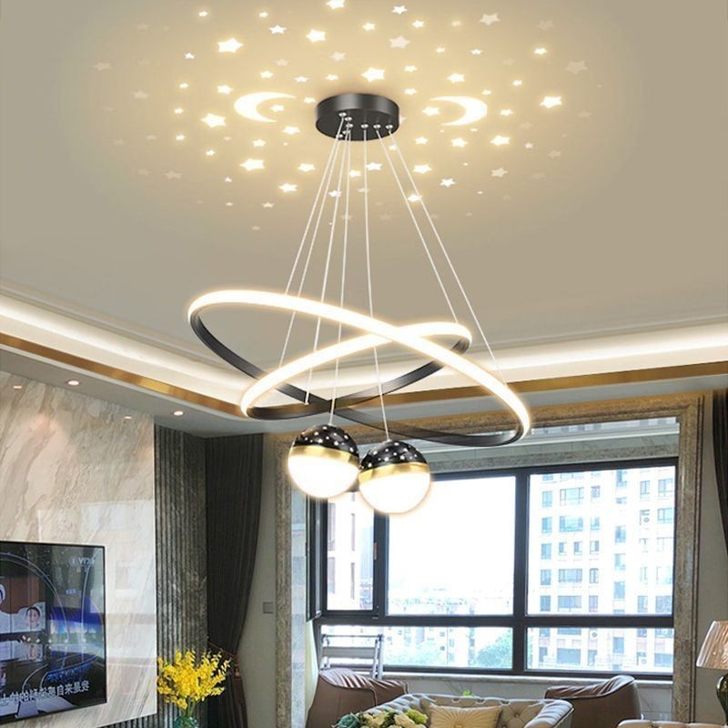 Lampada a sospensione LED moderna in ferro e silicone a doppio cerchio, 4 luci 57 W 40+60 cm