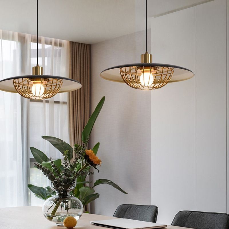 Lampada a sospensione nordica in ferro battuto con disco, 2 luci, E26/E27