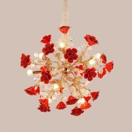 Lampadario a sospensione moderno in ceramica con fiore rosso, 18 luci E12/E14, 68x68 cm