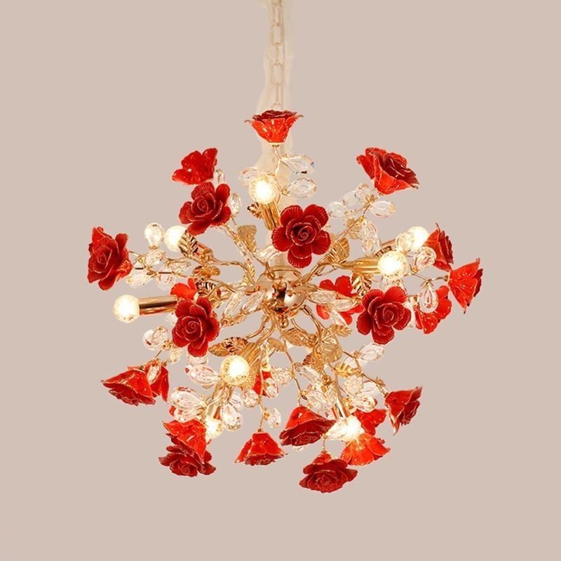 Lampadario a sospensione moderno in ceramica con fiore rosso, 18 luci E12/E14, 68x68 cm