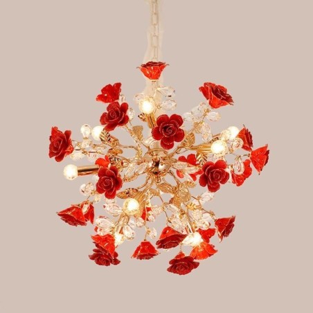 Lampadario a sospensione moderno in ceramica con fiore rosso, 18 luci E12/E14, 68x68 cm