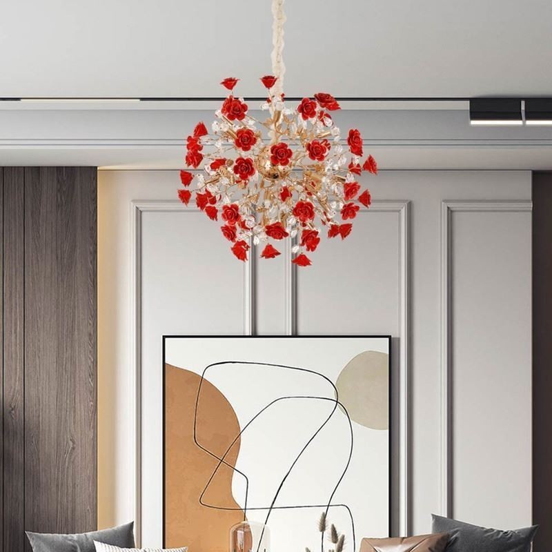 Lampadario a sospensione moderno in ceramica con fiore rosso, 18 luci E12/E14, 68x68 cm