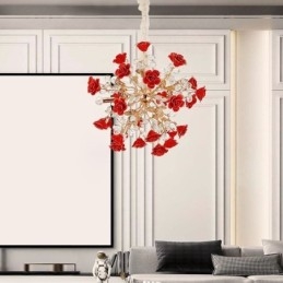 Lampadario a sospensione moderno in ceramica con fiore rosso, 18 luci E12/E14, 68x68 cm