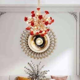 Lampadario a sospensione moderno in ceramica con fiore rosso, 18 luci E12/E14, 68x68 cm