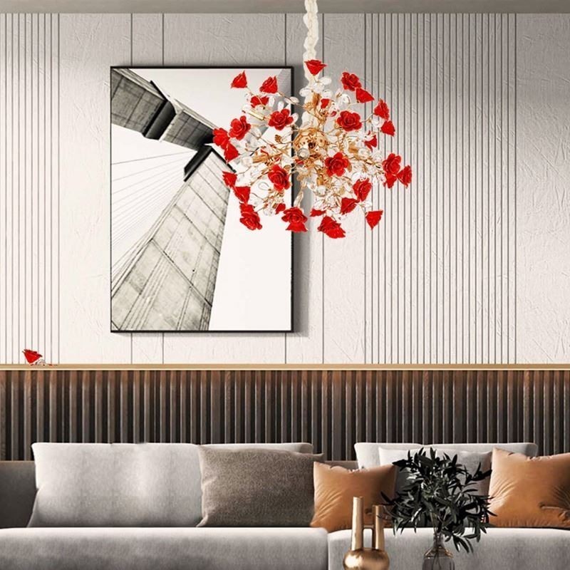 Lampadario a sospensione moderno in ceramica con fiore rosso, 18 luci E12/E14, 68x68 cm
