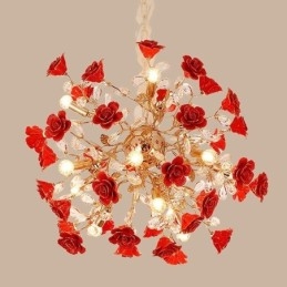 Lampadario a sospensione moderno in ceramica con fiore rosso, 18 luci E12/E14, 68x68 cm