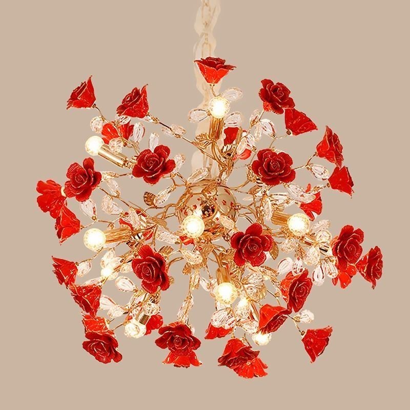 Lampadario a sospensione moderno in ceramica con fiore rosso, 18 luci E12/E14, 68x68 cm
