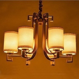 Lampadario cinese in ferro e rame color oro, 6 luci, paralumi beige, catena regolabile