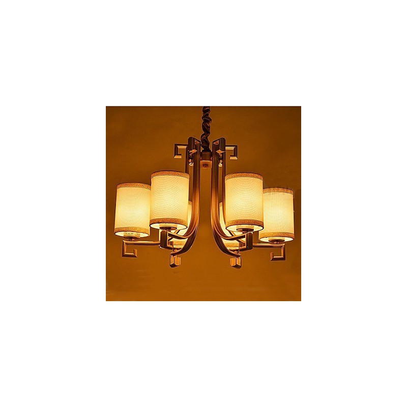 Lampadario cinese in ferro e rame color oro, 6 luci, paralumi beige, catena regolabile