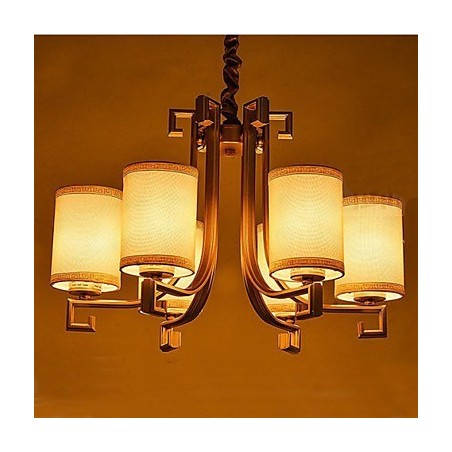 Lampadario cinese in ferro e rame color oro, 6 luci, paralumi beige, catena regolabile