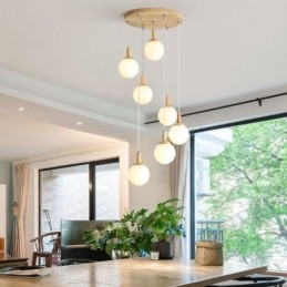 Lampada a sospensione giapponese in legno e vetro, 3/7 luci, E26/E27