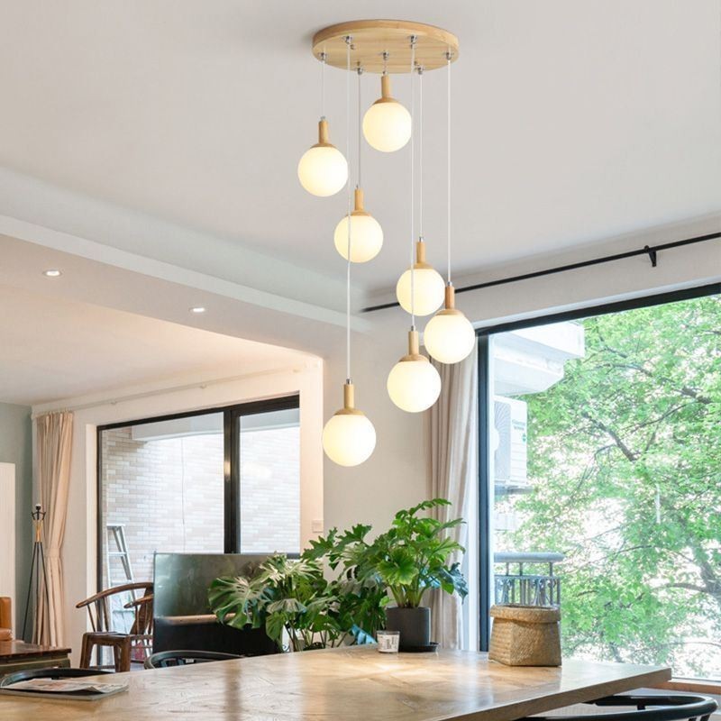 Lampada a sospensione giapponese in legno e vetro, 3/7 luci, E26/E27