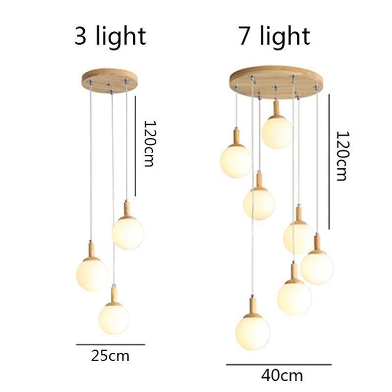 Lampada a sospensione giapponese in legno e vetro, 3/7 luci, E26/E27