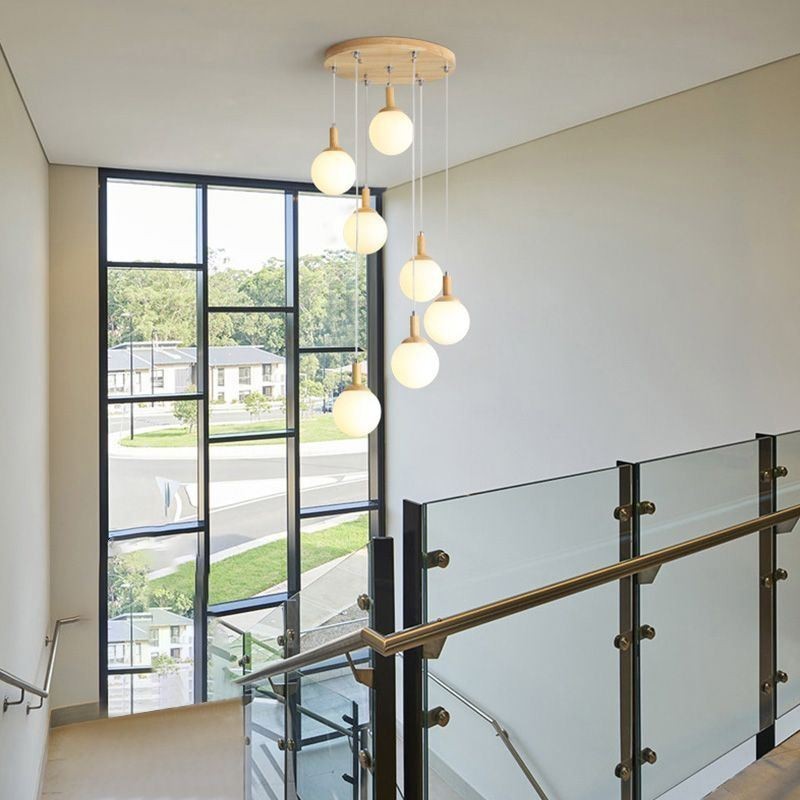 Lampada a sospensione giapponese in legno e vetro, 3/7 luci, E26/E27