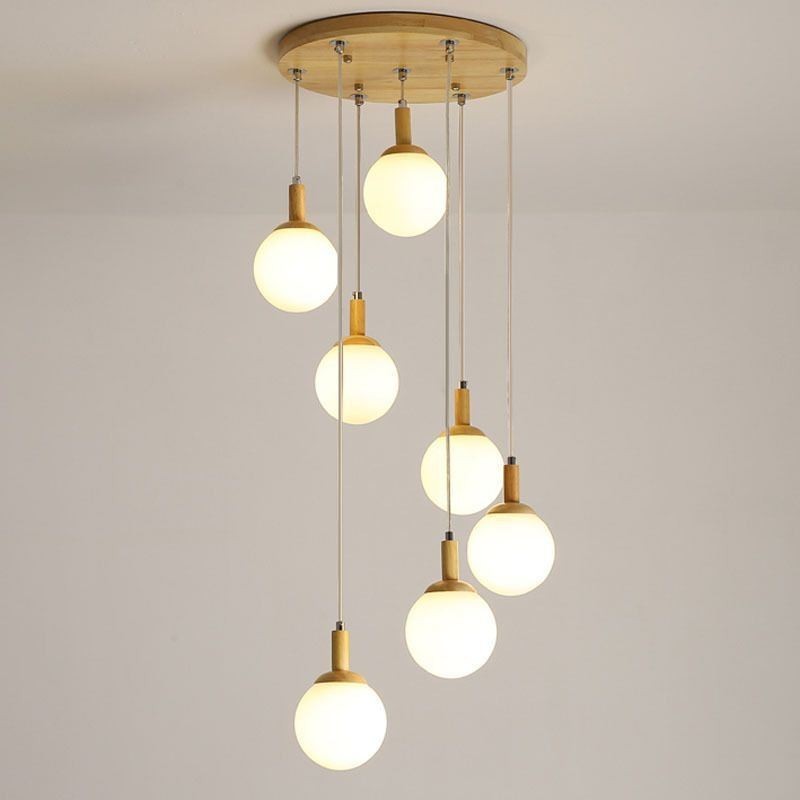 Lampada a sospensione giapponese in legno e vetro, 3/7 luci, E26/E27