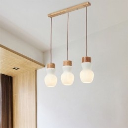Lampada a sospensione giapponese in vetro e legno 3 luci E26/E27 70x26 cm